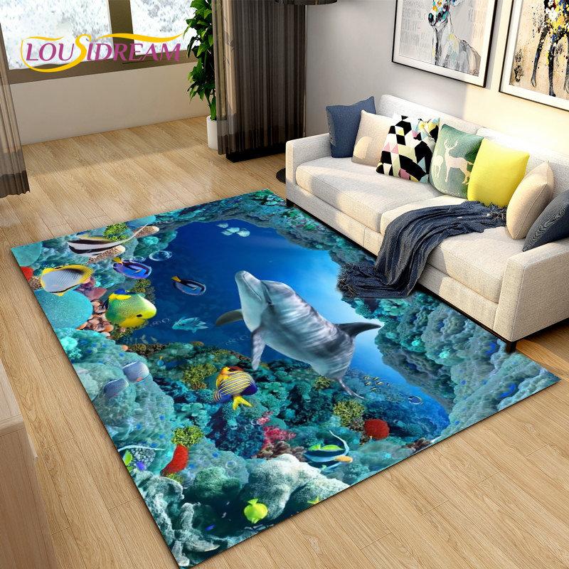 3D иллюзия морского дна, подводный мир, коврик с дельфином и акулой, коврик для гостиной, спальни, дивана, коврик, нескользящий напольный коврик
