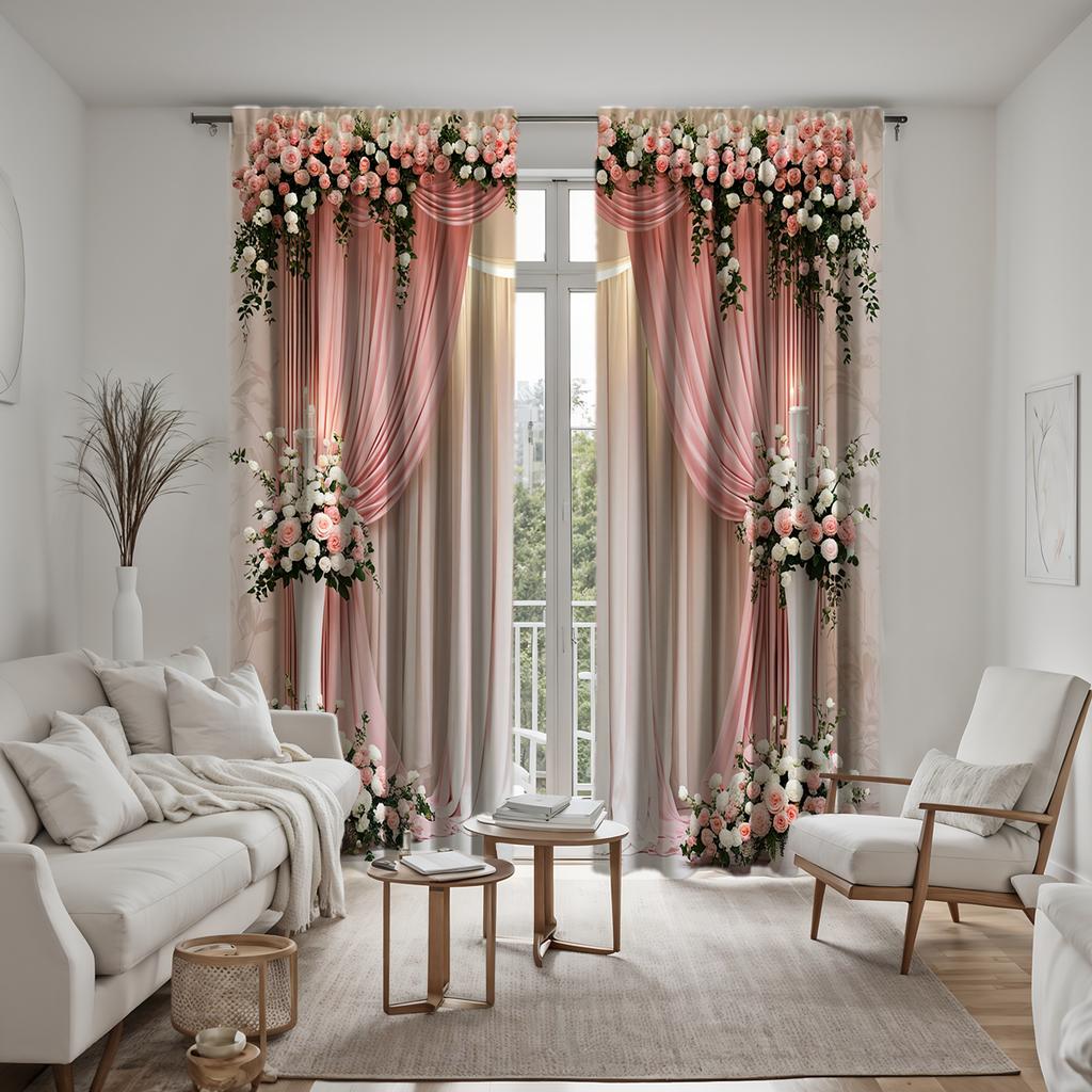 2 Pieces HD Digital Pink Color Simple Romantic Gentle Wind Curtains Home Decorating Style Decoration Living Room Bedroom Through