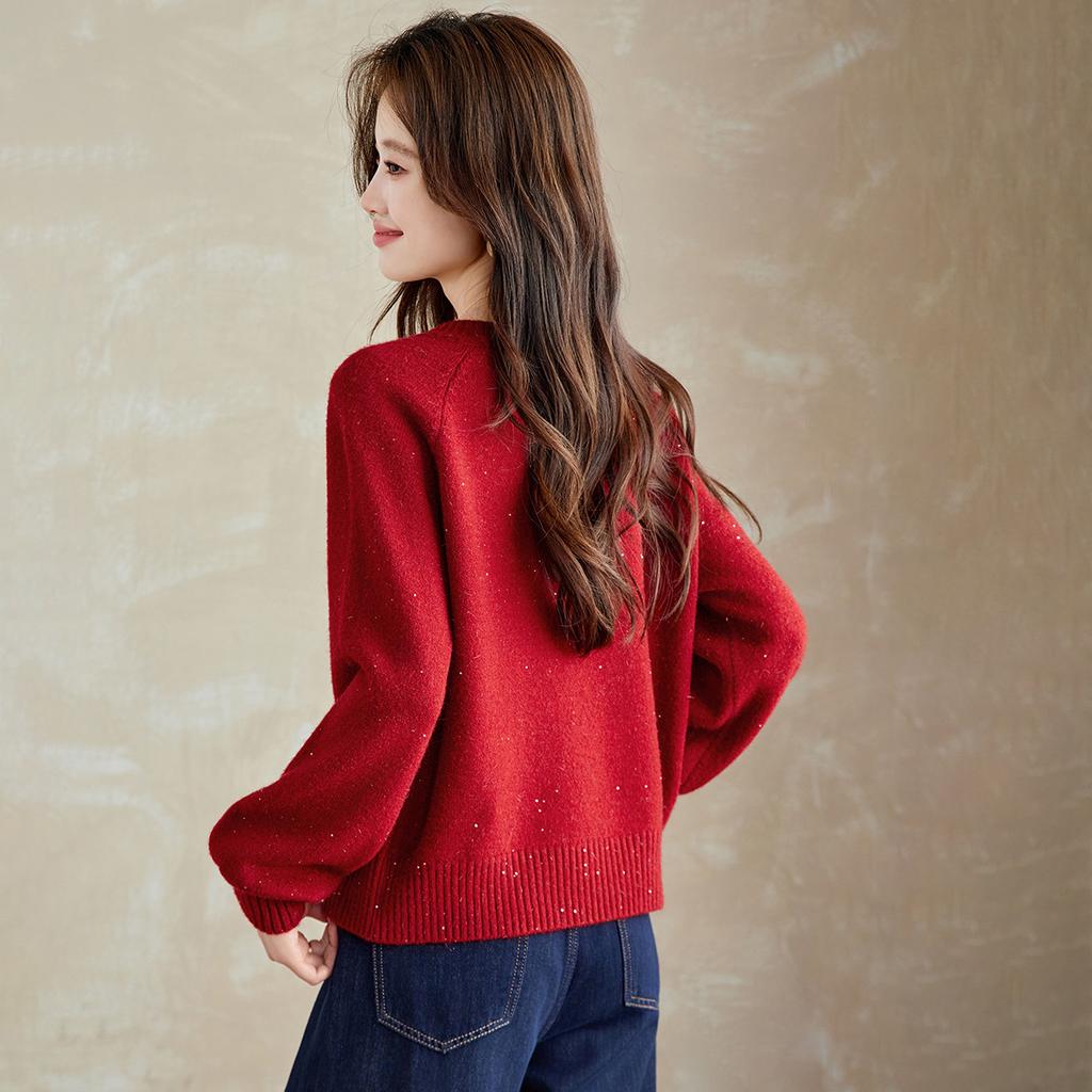 Spring high-end sequin round neck knitted top
