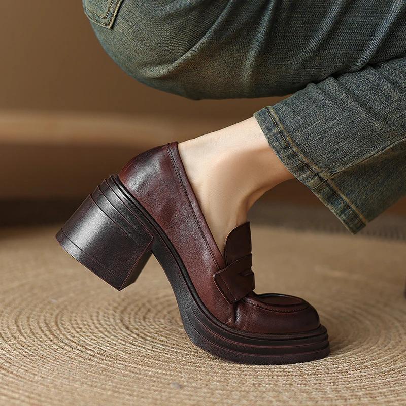 Женские туфли-лодочки из коровьей кожи в стиле ретро на толстом каблуке, женские туфли в британском стиле, слипоны, весна-осень, с круглым носком, для платья, рабочие лоферы, обувь