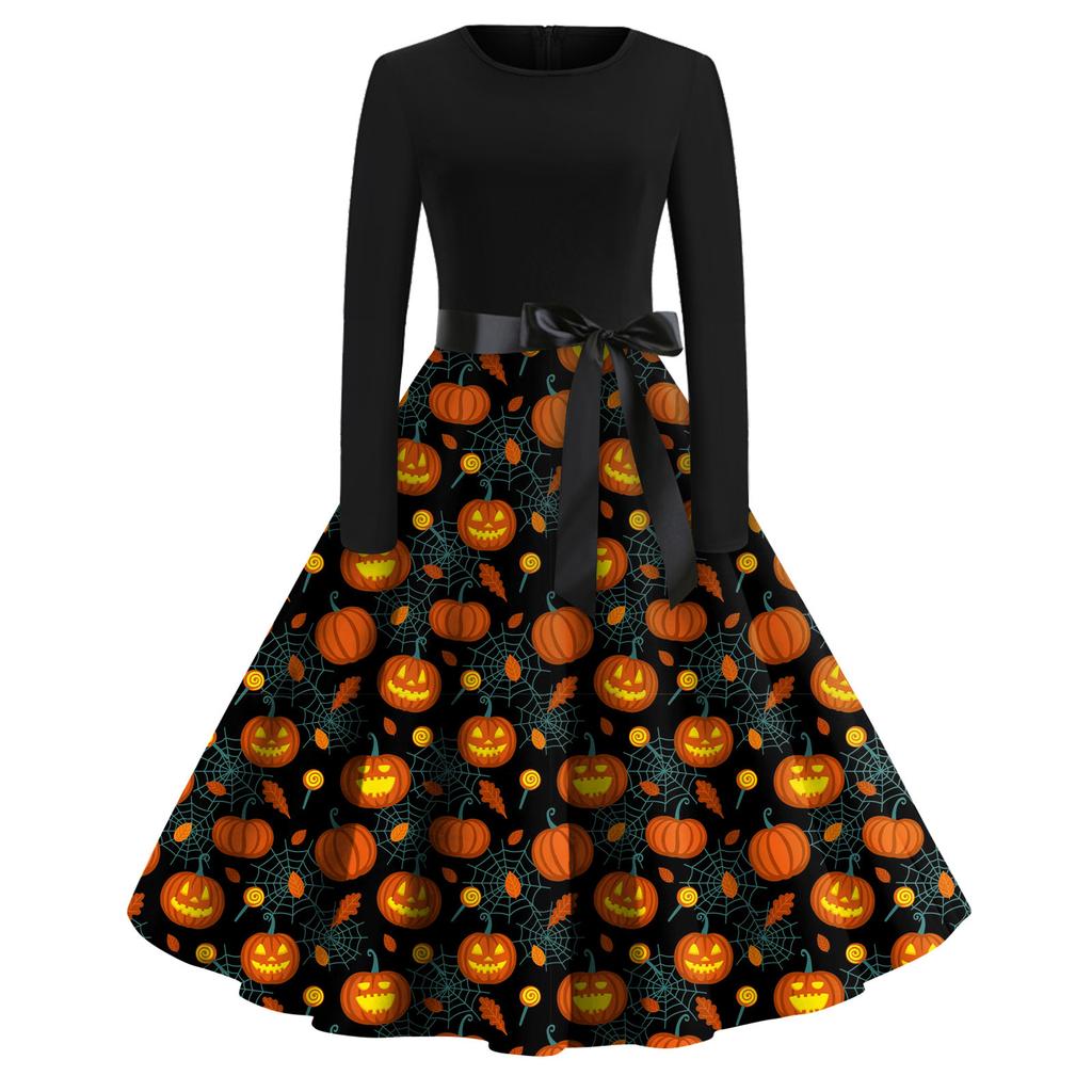 Women's Fashion Round Neck Casual Slim Fit Halloween Printed Long Sleeve Dress