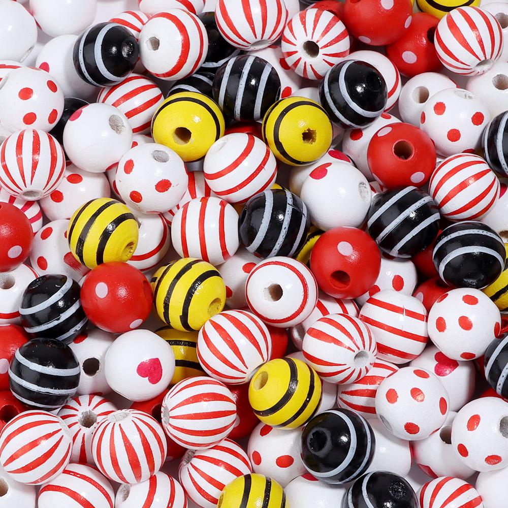 20Pcs 16mm Natural Wood Beads Colorful Stripe Heart  Printing Large Hole Round Beads DIY Craft Bracelet Kid's Toy  Accessories