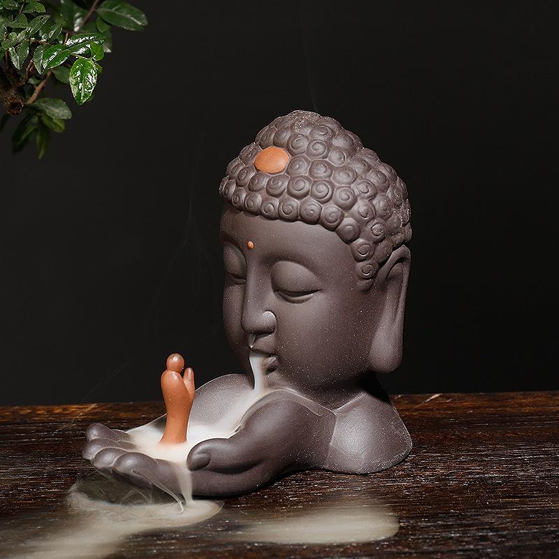 Purple Clay Backflow Incense Burner Buddha Meditation Buddha Head Backflow Incense Burner Ornament