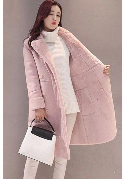 Женская куртка из овчины Корейский стиль Зимняя Утолщенная На флисовой подкладке Замшевое пальто Средней длины Меховой и кожаный интегрированный воротник...