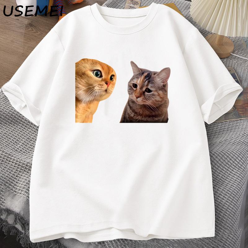 Sad Cat Mewing T-shirt Funny Two Cats Talking Meme Grpahic T Shirts Women Men's Cotton T-shirt Summer Short Sleeves Tees