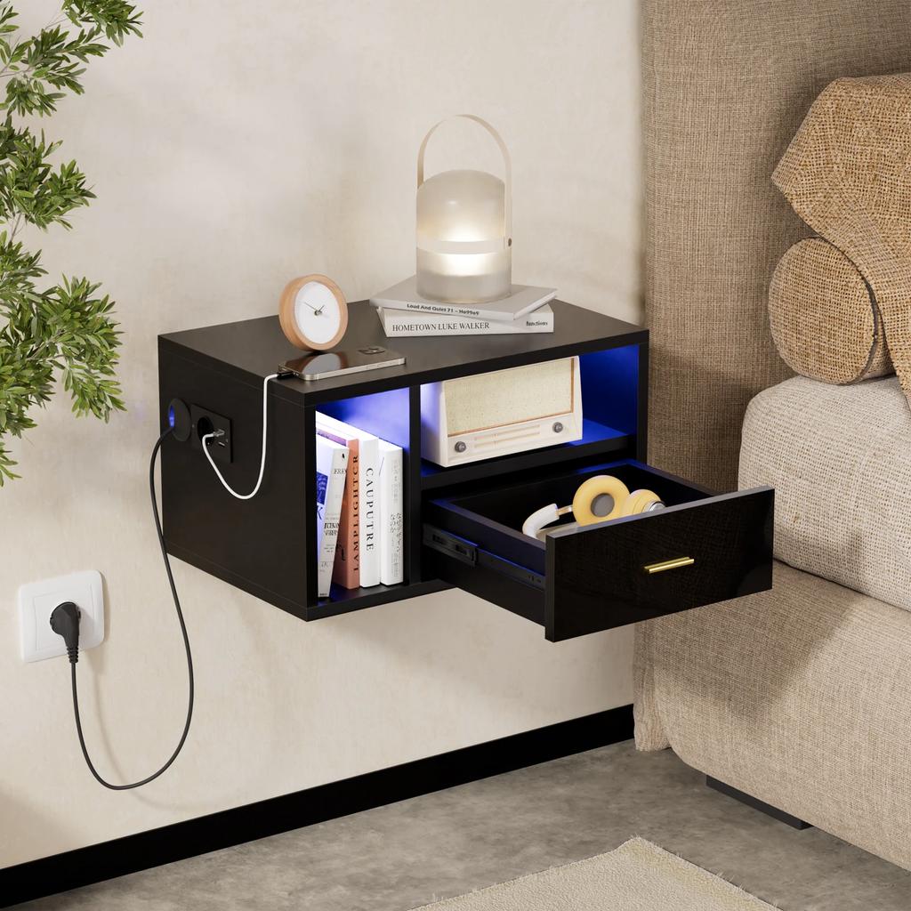 Space-saving Wall-mounted Bedside Table Wood With 1 Drawer Charging Station 1AC 2USB EU Plug Lamp Strip Floating Model Black For Bedroom