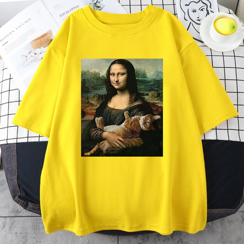 Забавная футболка с принтом «Мона Лиза и кот» для мужчин, летняя хлопковая футболка, свободная дышащая одежда, уличная мода, повседневные футболки с коротким рукавом