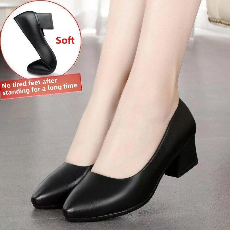 Весенние рабочие туфли черные профессиональные женские удобные туфли с круглым носком туфли-лодочки на низком каблуке из мягкой кожи офисные деловые туфли