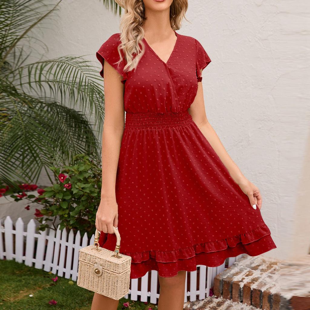 Женское повседневное однотонное платье с застежкой на талию и V-образным вырезом