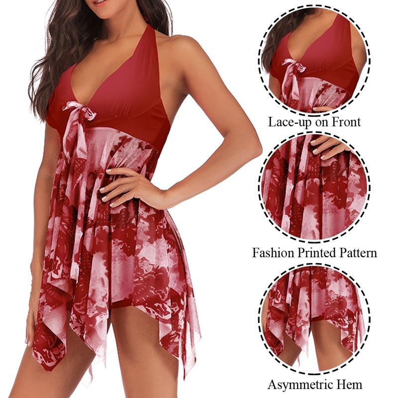 Летний женский купальник из двух частей с юбкой, пляжная одежда больших размеров, дышащий купальник большого размера с шелковой отделкой и шнуровкой