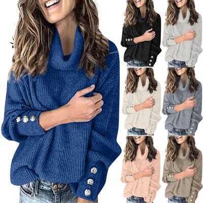 Женский свитер с высоким воротником, свободный пуловер на пуговицах с длинным рукавом, однотонная вязаная нижняя рубашка