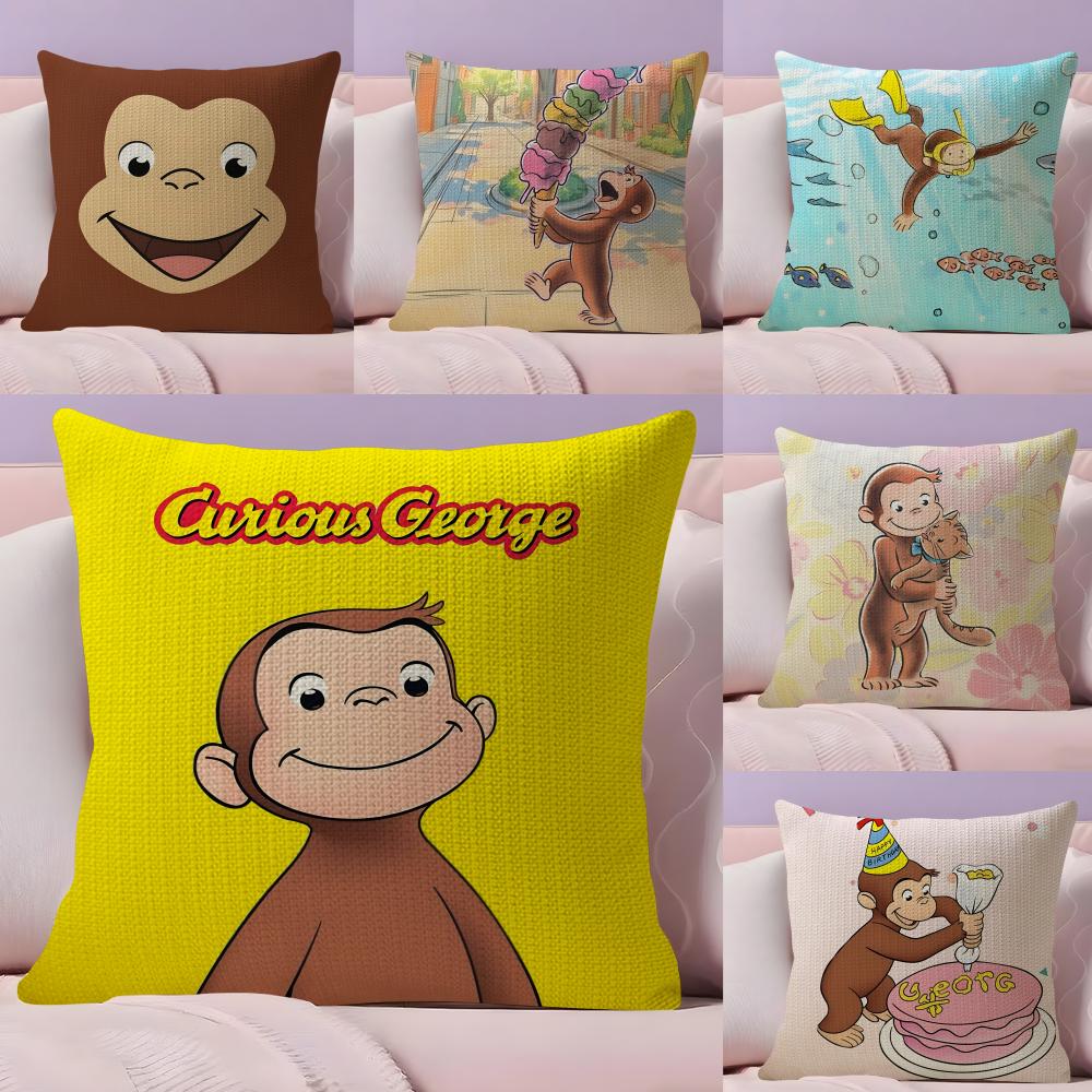 Curious George Monkey Cute Cushion Cover Natural Linen Pillow Case DoubleSided Print Decorative Sofa Pillowcase Home Decor Gift