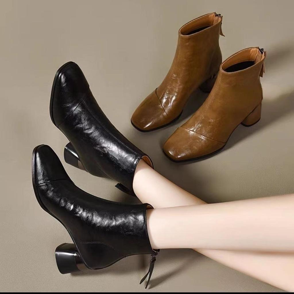 2024 новые осенние мягкие кожаные короткие сапоги женские мягкие кожаные туфли на среднем каблуке кожаные туфли весна-осень бархат квадратный нос высокий каблук