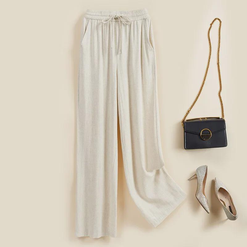 Женские легкие брюки с высокой талией из хлопка и льна 2024 года, широкие брюки - повседневная эластичная резинка на талии, свободный крой, универсальный дизайн