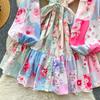 Весна-лето Женские элегантные платья с рукавами-фонариками и кружевным принтом в стиле пэчворк Короткие свободные платья на шнуровке