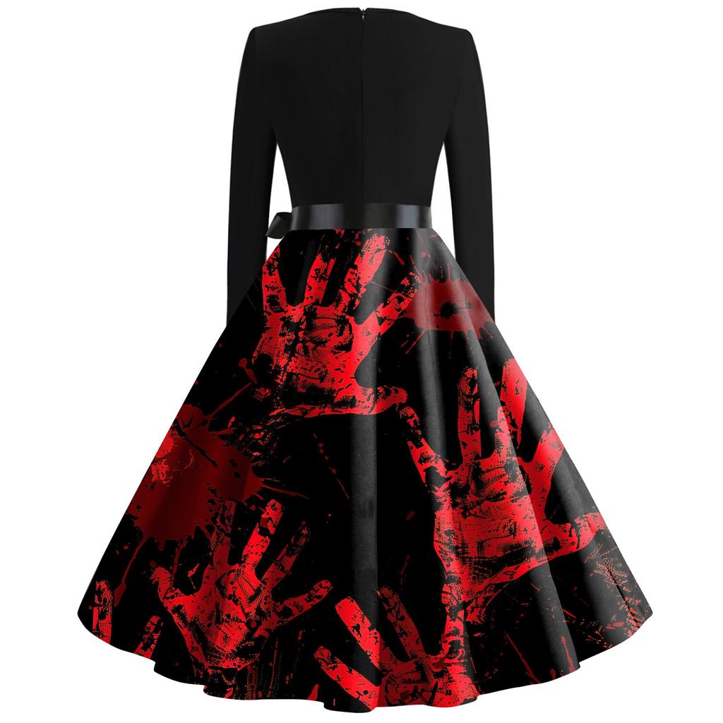 Платье-клеш с принтом на Хэллоуин для женщин с длинным рукавом, повседневные платья с круглым вырезом и ажурной отделкой