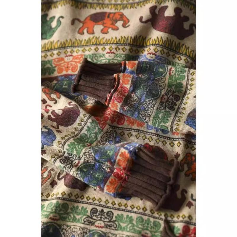 Johnature Woman Autumn Elephant Print Double Pockets Contrast Sweater Casual Loose Vintage Style O-Neck Sweater