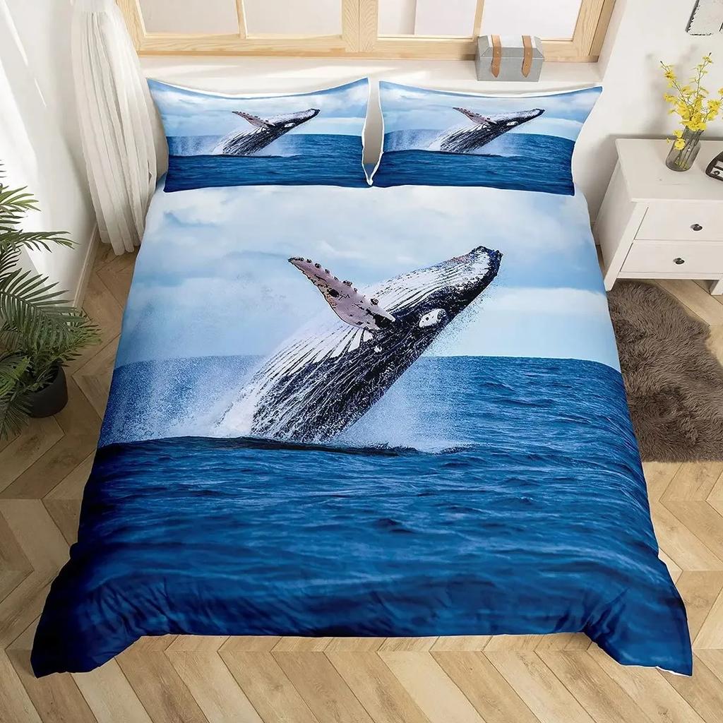 Funny Pirate Cat Duvet Cover Set Cat Riding Whale Japanese-Style Sea Wave Bedding Sets Stripe Lines Comforter Cover Full Queen