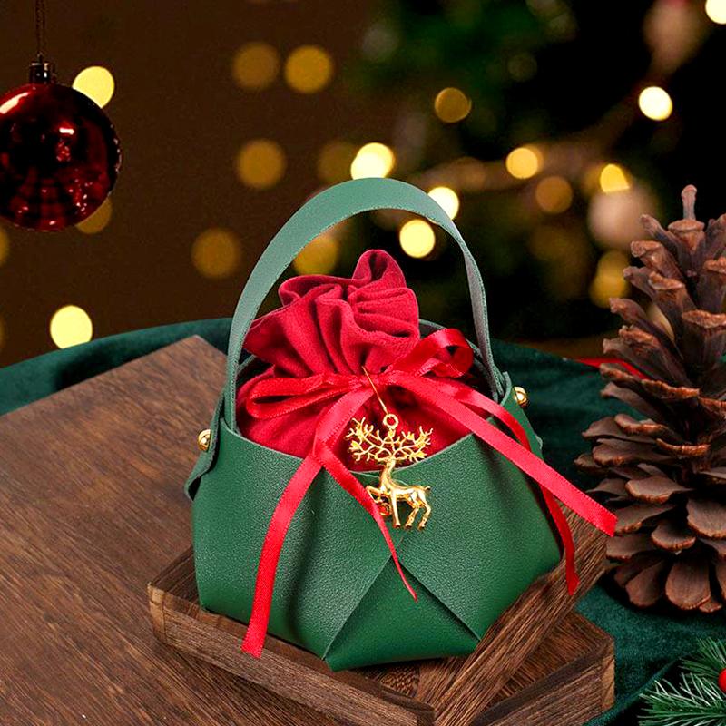1 шт. Упаковка для яблок 2025 г., новогодний рождественский подарочный пакет, красная зеленая кожаная сумка с ручкой для конфет