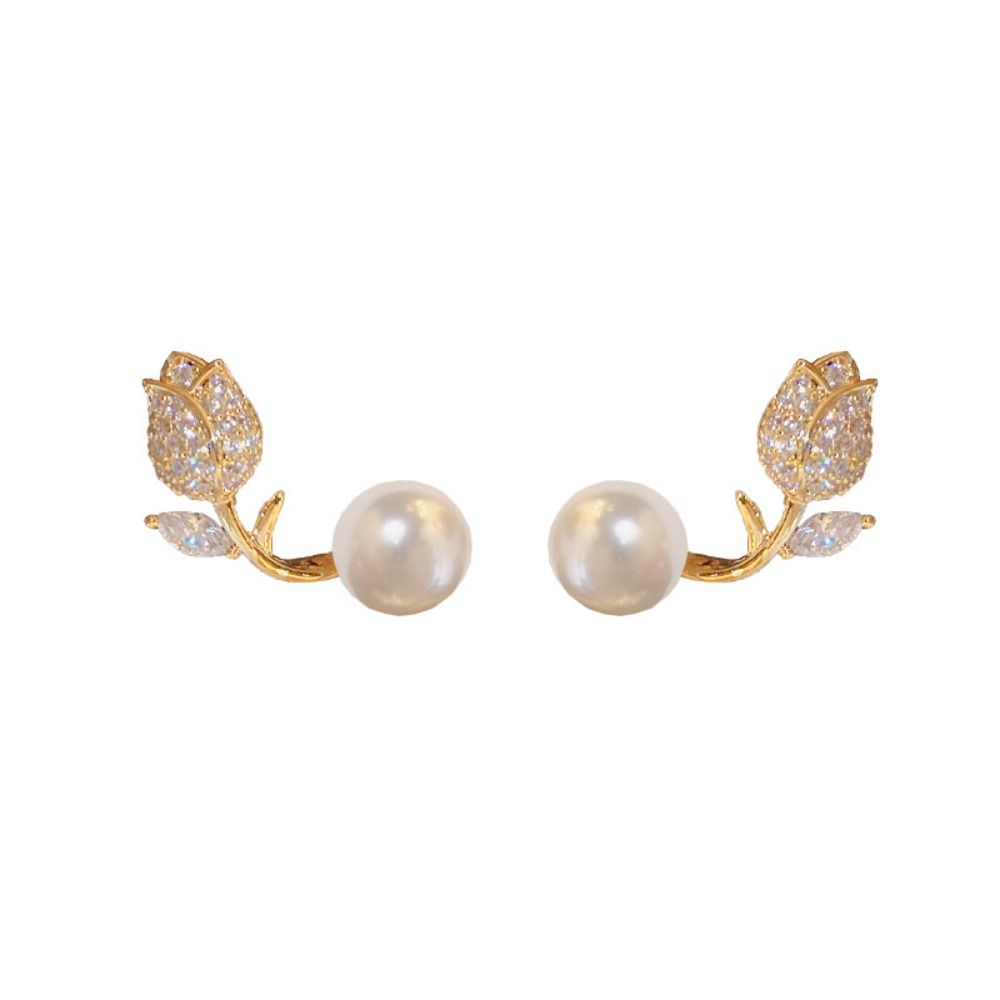 Earrings Tulip Rhinestone Jewelry Pearl Stud Earrings Korean Style Earrings Women Zinc Zinc Alloy Earrings