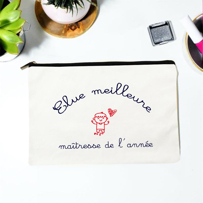 Teacher Superpower French Letter Print Women Cosmetic Bag Canvas Zipper Makeup Pouch Purse Organizer Pencil Bags Toiletry Bag