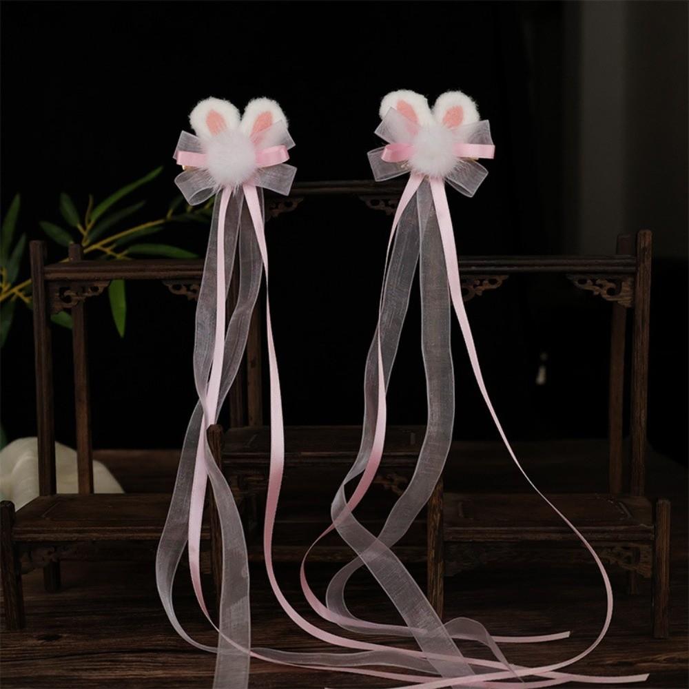 1 Pair Pair Pack Hanfu Hairwear Handmade Chinese Hairpins Bunny Hair Clips Stage Dance
