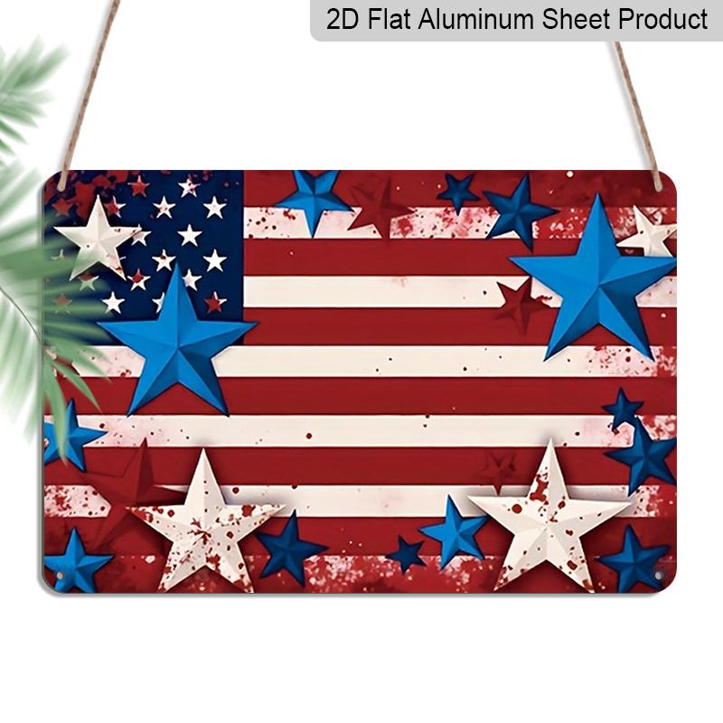 2D Flat, 1pc Patriotic Star Flag Decor Plaque, 12"×8" - Red White & Blue Star Design Wall Sign - Aluminium Wall Hanging Decoration for Holiday, Home