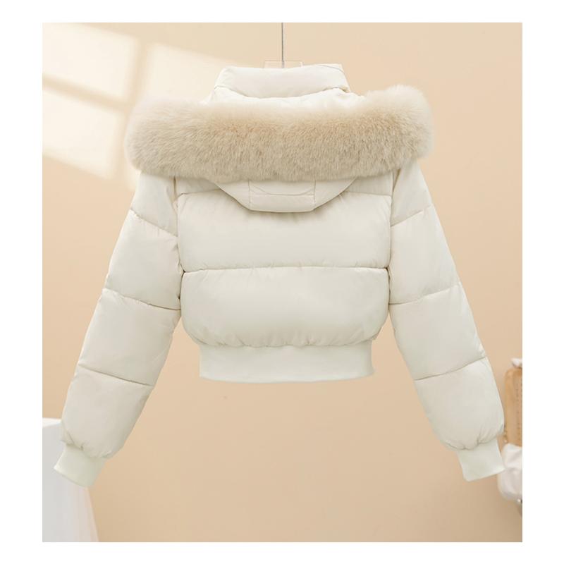 Women's Cropped Hooded Padded Coat, Detachable Faux Fur Collar High Waist Slim Winter Cotton Jacket Outerwear