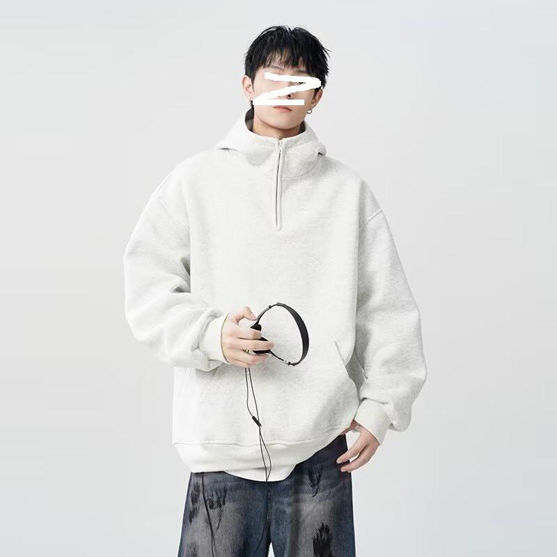 Oversized Hooded Half-Zip Sweatshirt Men Women Thick Fleece-Lined Casual Long Sleeve Pullover