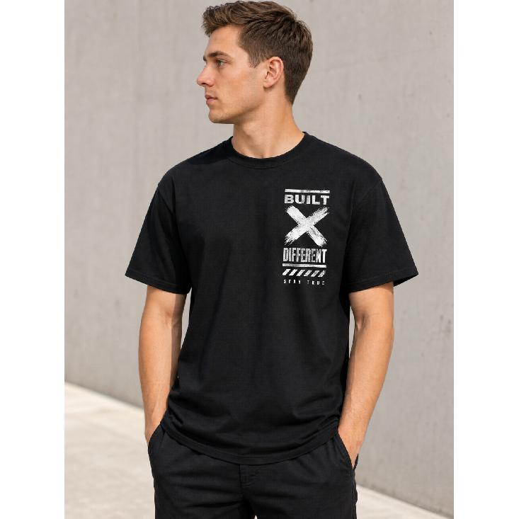 Men's Black Short Sleeve Crew Neck T-Shirt with Bold "Built Different" Graphic Print, Relaxed Fit Soft Cotton Blend for Casual Daily Wear
