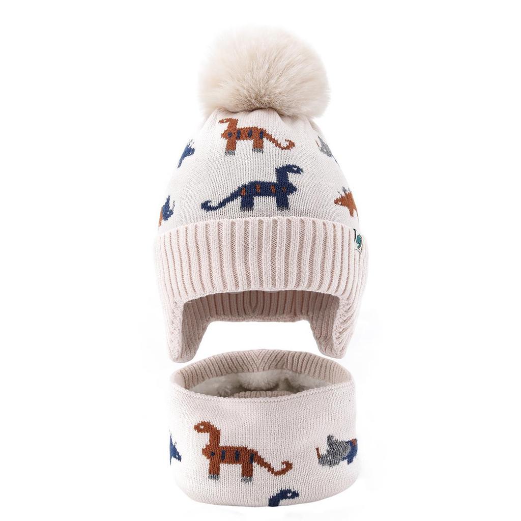 Мультяшная шапка с помпоном из шерсти динозавра и шарф: Утолщенная вязка для осени/зимы, тепло для защиты ушей