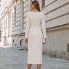 Элегантное платье средней длины с растительным принтом, вырезом-лодочкой, длинным рукавом, приталенного кроя, с разрезом по подолу, юбка-карандаш по бедрам