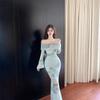 New Chinese one-word shoulder mesh dress long-sleeved slim-fitting sexy hip-wrapped elegant charming fishtail dress cheongsam dress