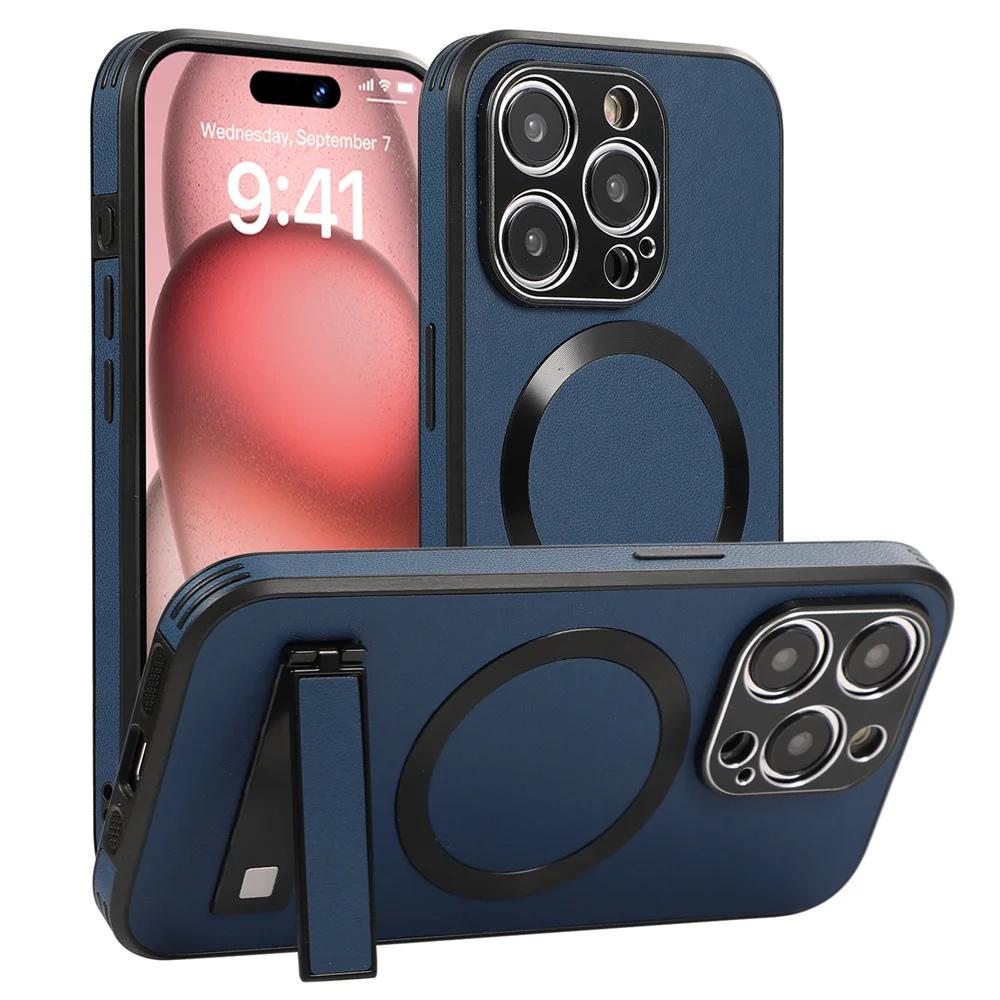 Роскошный кожаный чехол-подставка Magsafe для iPhone 16 15 14 11 12 13 Pro Max, магнитный, для беспроводной зарядки