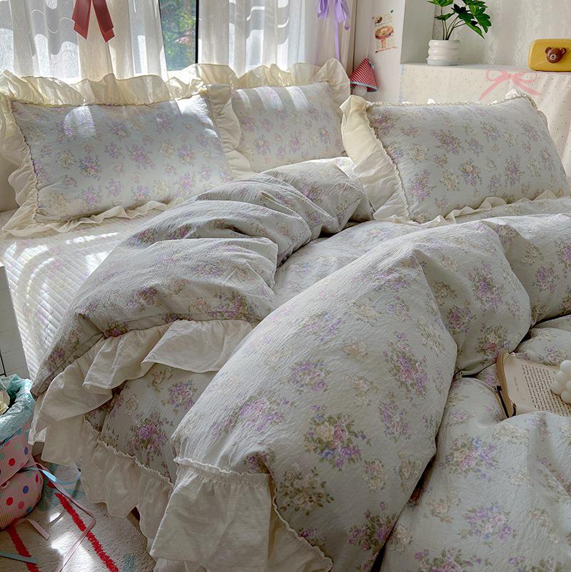 Кружевное постельное белье в стиле принцессы из мятой марли - 4 предмета, стираемый хлопковый комплект в клетку, пододеяльник для двуспальной кровати, для всех сезонов