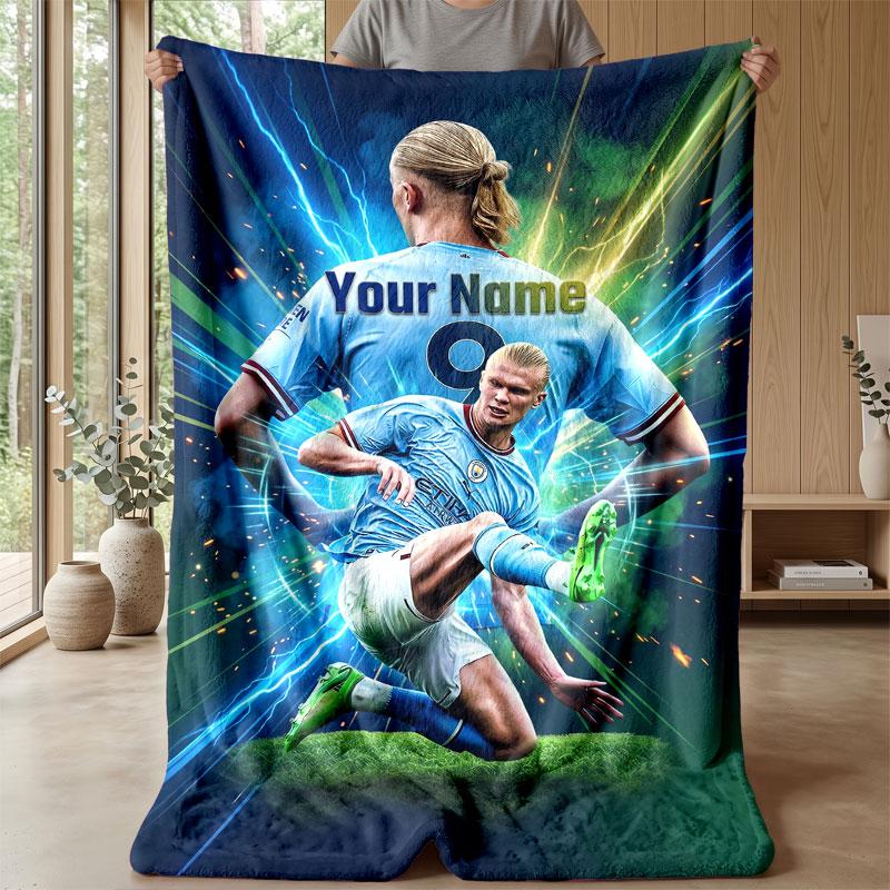 Erling Haaland Custom Name Text Flannel Blanket Soccer Logo Personalized Fleece Throw Blanket Special Gift For Sofa Bedroom Home