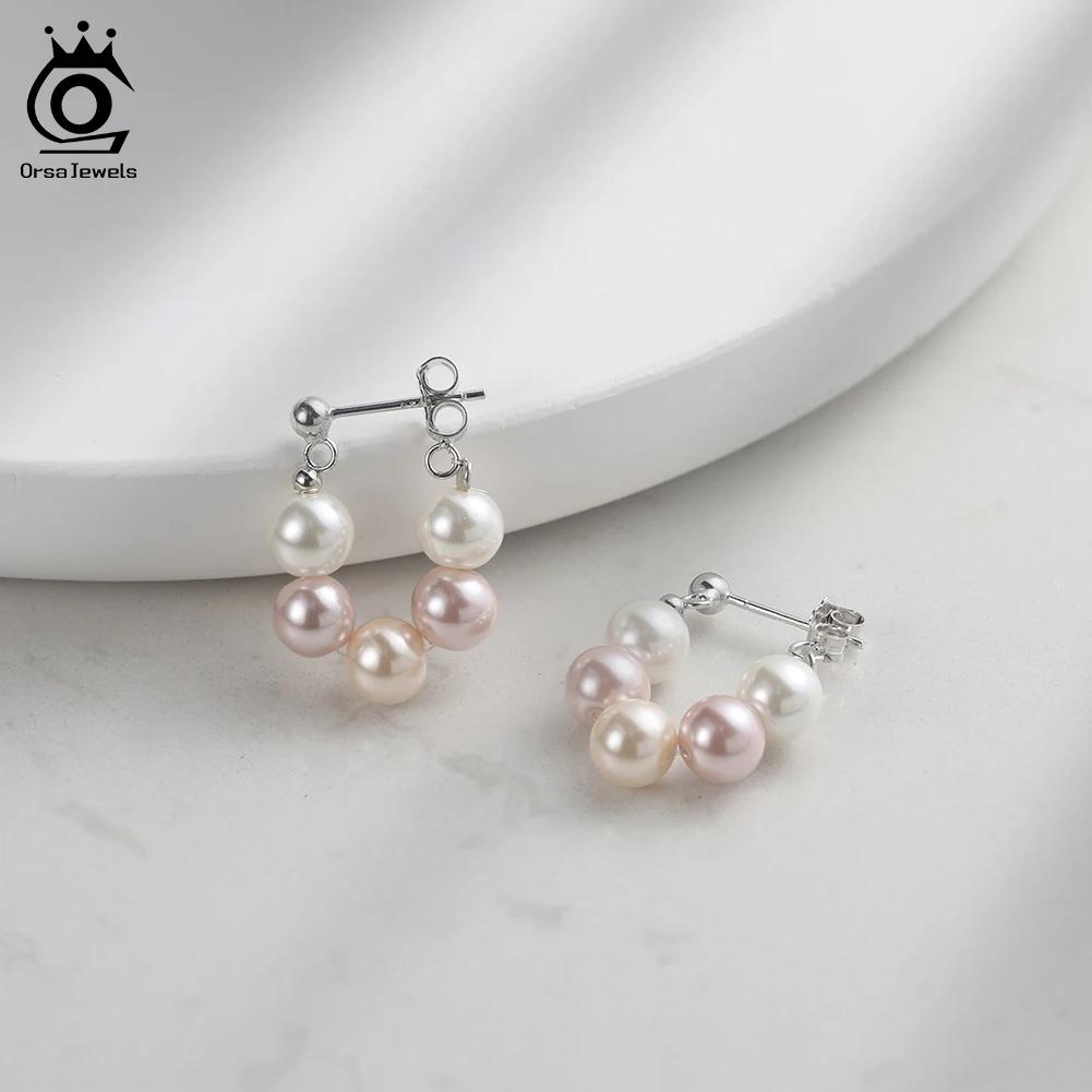ORSA JEWELS Элегантные U-образные серьги-кольца с жемчугом из ракушек для женщин Серьги с жемчужными бусинами из серебра 925 пробы Вечеринка Роскошные украшения PSE08