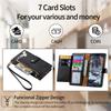 For iPhone 16 Case RFID Blocking Zipper Pocket Leather Wallet Phone Cover - Black