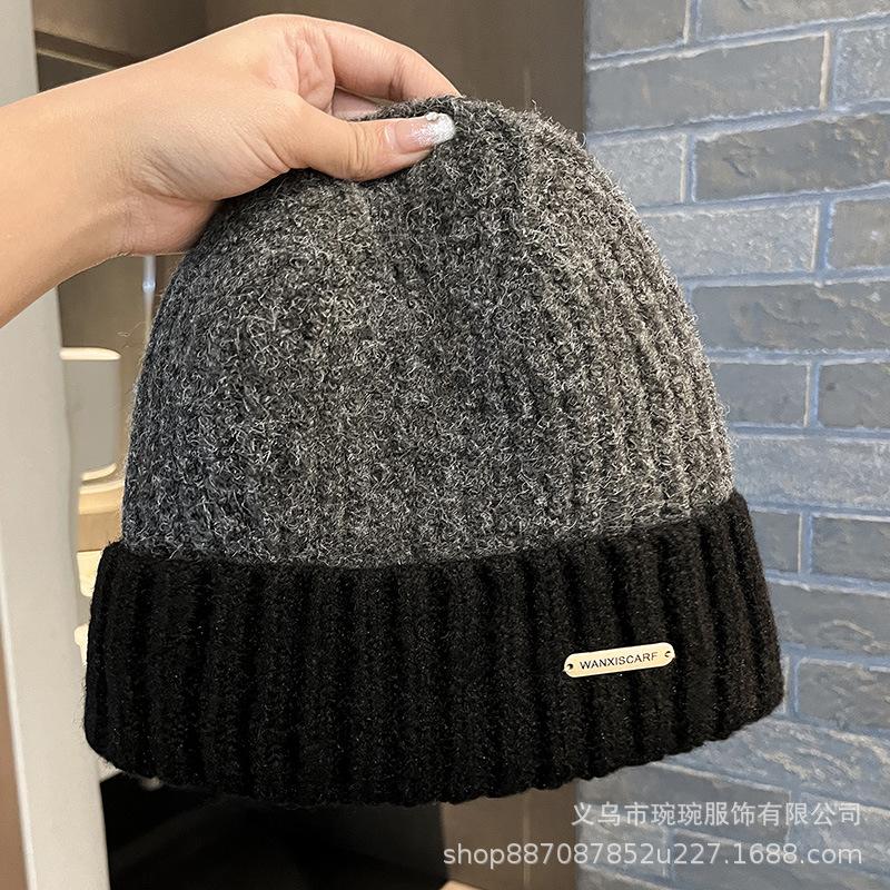 Two-color splicing small standard wool hat women's autumn and winter warm simple versatile ear protection hat bag head thick thread knitted hat