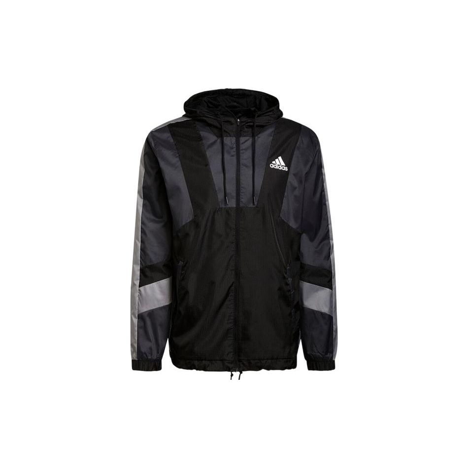 Adidas Logo Print Drawstring Hooded Zip-Up Sports Jacket Men Outerwear Black H31442