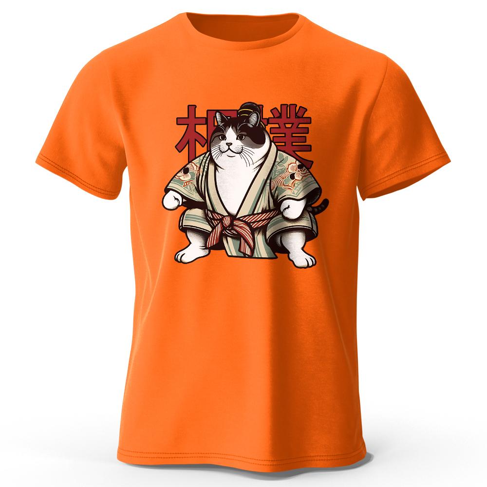 Asian size Sumo Cat Print 100 Cotton TShirt Soft Breathable Round Neck Short Sleeve Tee Unisex Fun Cultural Style