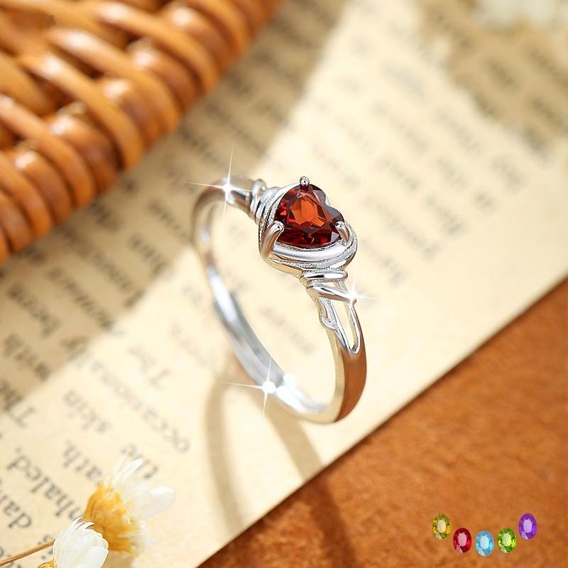Heart Shaped Natural Crystal Ring S925 Sterling Silver Niche Open Ring Topaz Women Jewelry