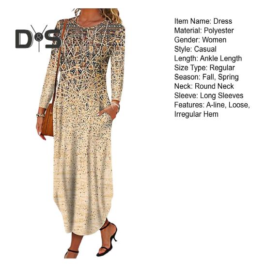 Осенне-весеннее женское платье с круглым вырезом и карманами, длинными рукавами, трапециевидным принтом, свободное платье макси с нерегулярным подолом для свиданий