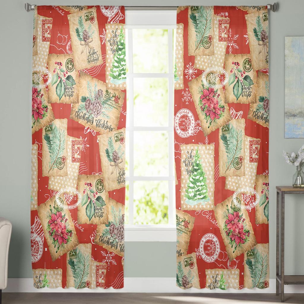 Christmas Retro Envelope Stamp Living Room Transparent Tulle Window Curtain Bedroom Kitchen Decor Veil Drapes Curtains