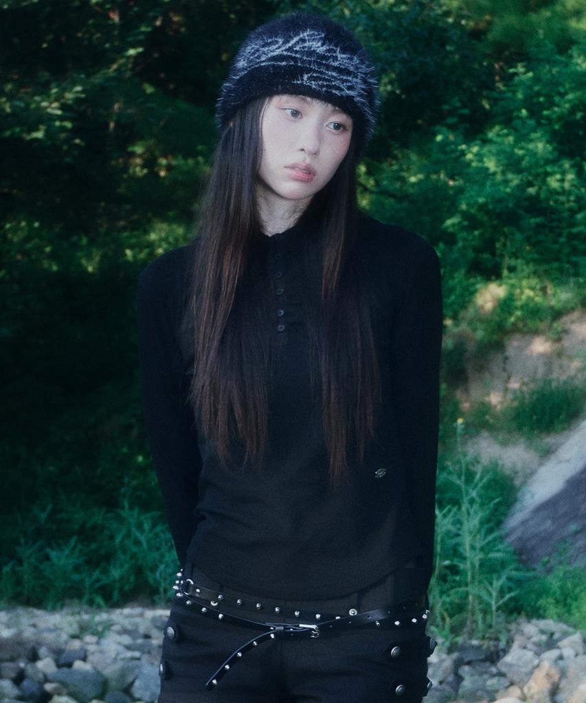 SECONDSALT Shirred Button Neck Hooded Long Sleeve (Black)