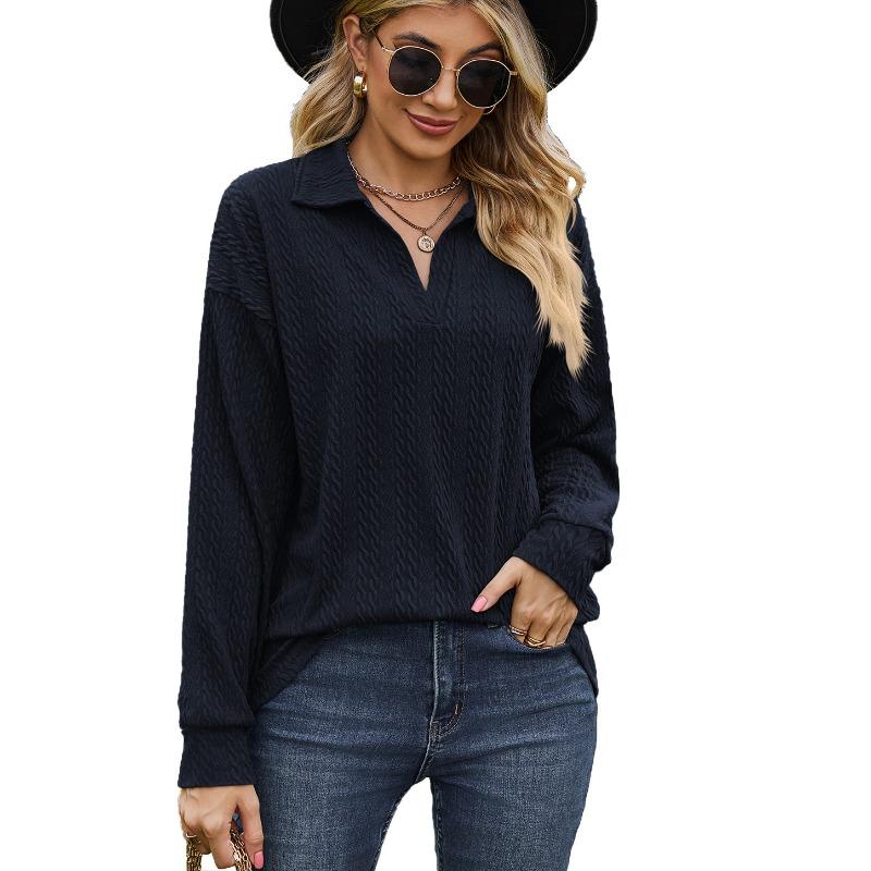 Spring and Autumn Women's Blouse Solid Color Lapel Loose Sweatshirt Long Sleeve Top