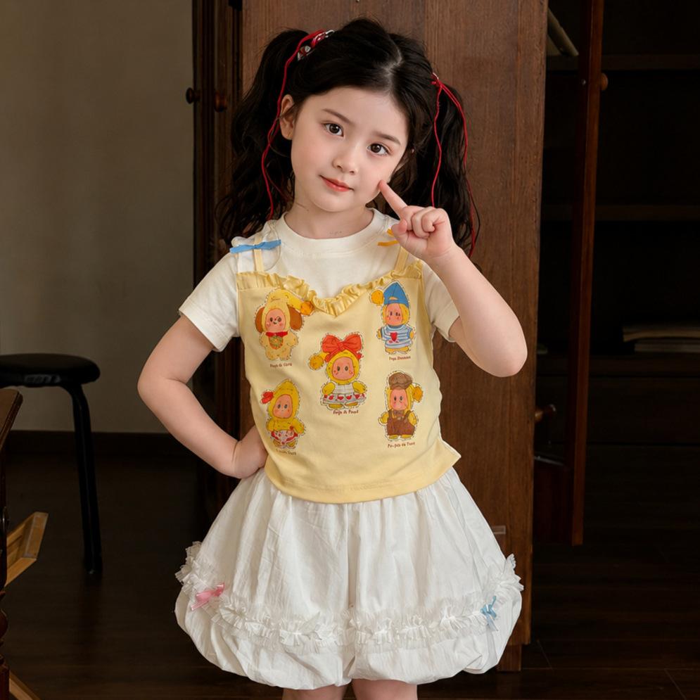 Girls Cute Cartoon Fake Two Piece T Shirt Summer Short Sleeve Positive Shoulder Top