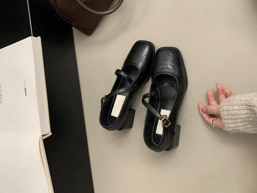 Thick Heel Mary Jane Small Leather Shoes Women's British Spring and Autumn New Light Mouth Single Shoes Women's French Retro Square Head High Heel Sho