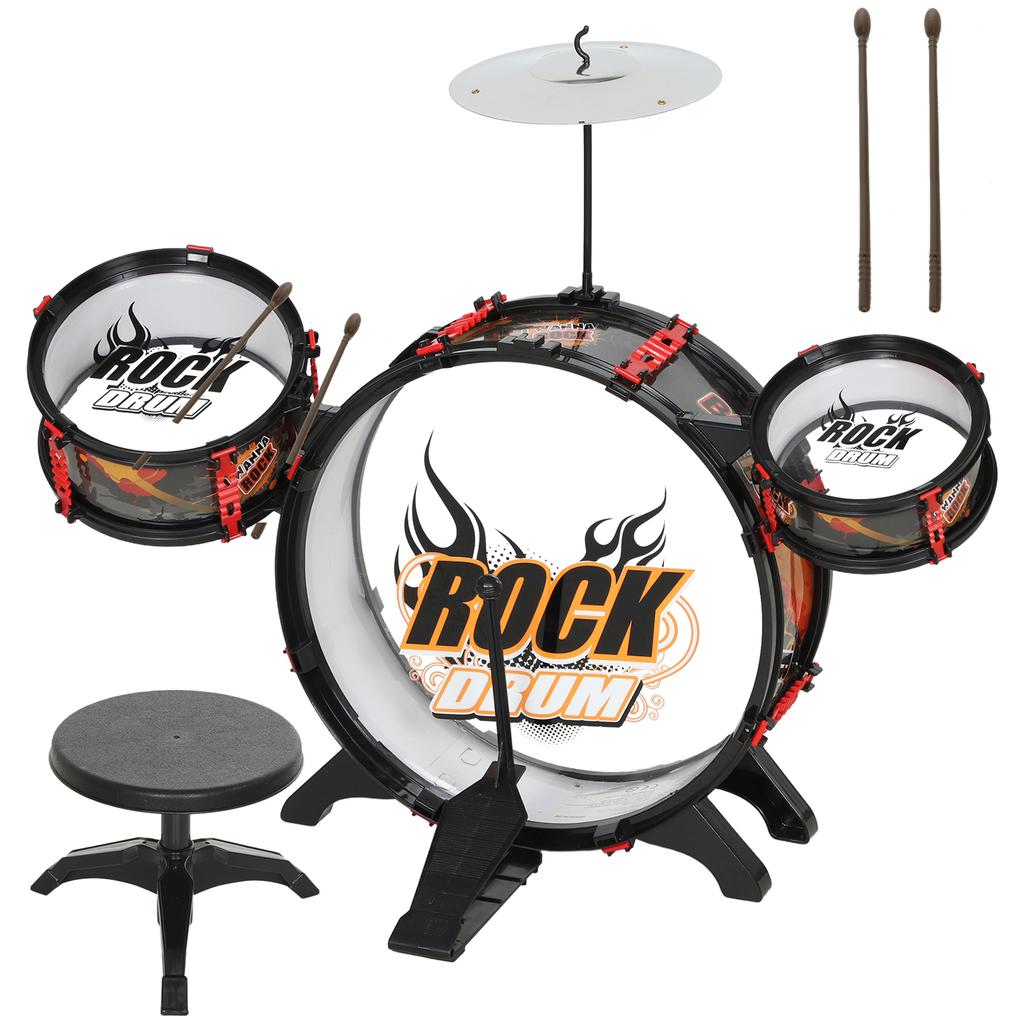 Drum Set for Children +3 Years with Stool, Drums, Bass Drum, Cymbal and Drumsticks 59.5x31.5x59 cm Black