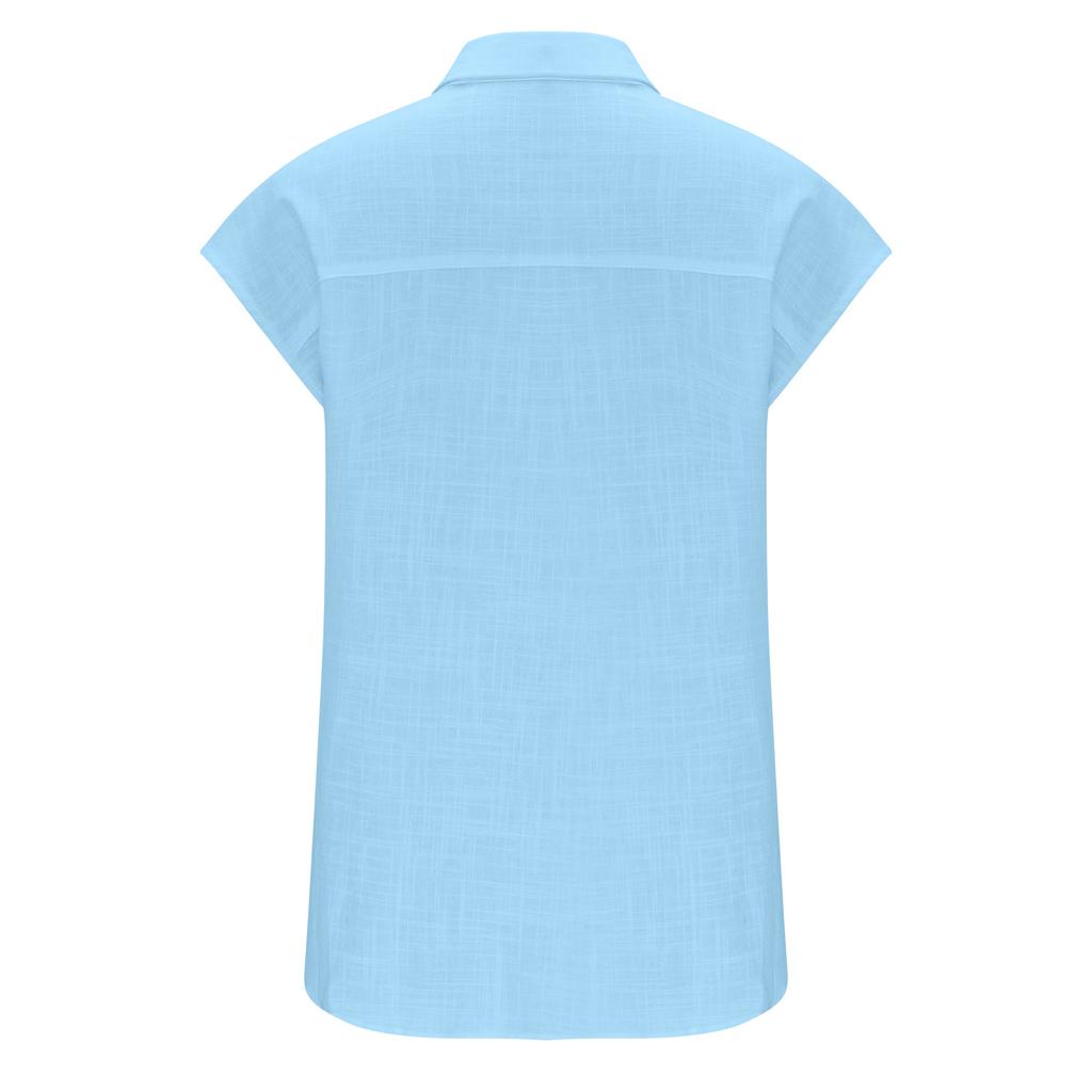 Summer Women Cotton Linen Shirts Casual Pocket Short Sleeve Solid Color Lapel Neck Shirt